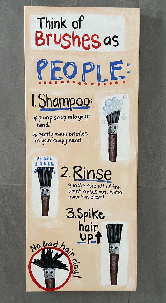 A painted sign asking kids to think of brushes as people by following three steps to avoid a bad hair (bristle) day: 1. Shampoo 2. Rinse and 3.Spike the Hair Up