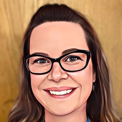 An illustrated portrait of Emily smiling while wearing retro-shaped dark rimmed glasses