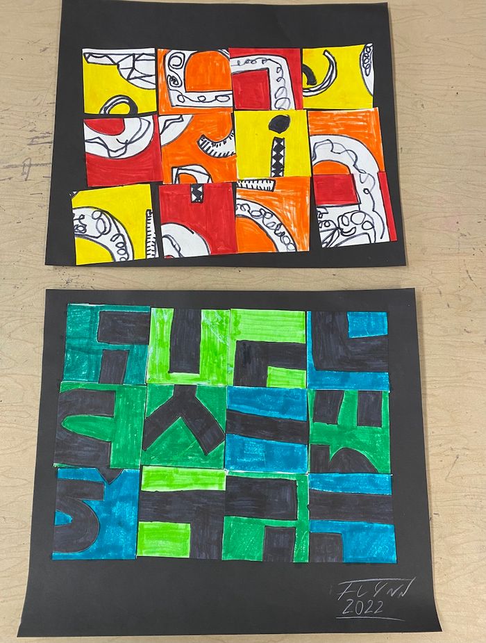 A young artist drew their name in block letters on green and blue backgrounds, then cut the letters into squares and rearranged them to make an abstract art piece.
